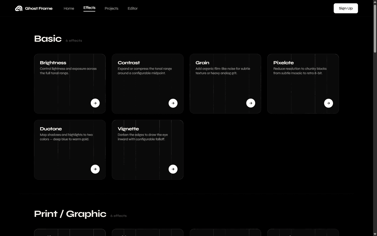 Ghost Frame effects page showing categorized effect cards