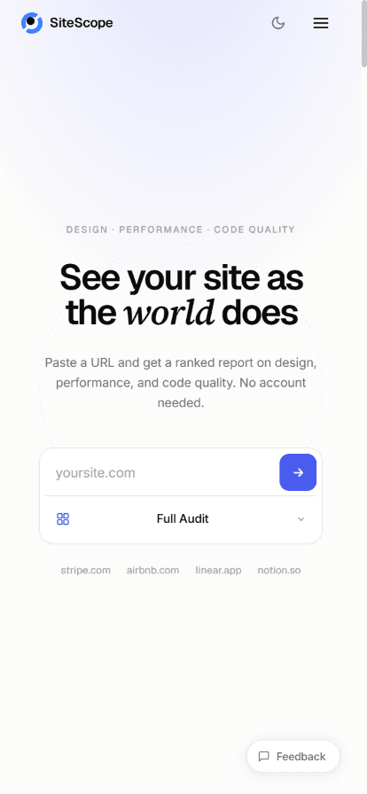 SiteScope landing page on mobile at 414 pixels wide